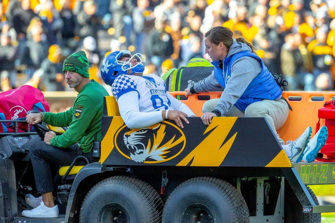 Kentucky’s Colin Goodfellow is carted off the field in the fourth quarter Saturday. He was hit following a bad snap that he recovered in time to kick out of bounds. Missouri was flagged for roughing the kicker on the play.