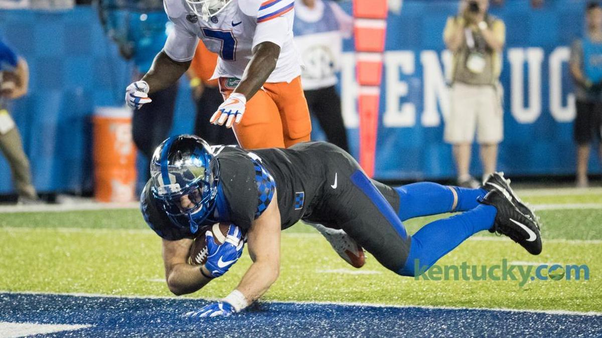 Kentucky tight end C.J. Conrad (87) scored on a touchdown pass early in the second half of what became Florida’s 28-27 come-from-behind victory over the Wildcats last season at Kroger Field.