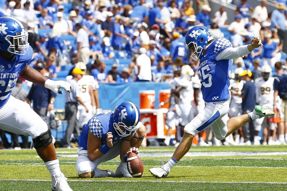 After missing four of his seven field-goal tries so far in 2018, Kentucky place-kicker Miles Butler (95) is in danger of losing his job to true freshman Chance Poore this week at Missouri.