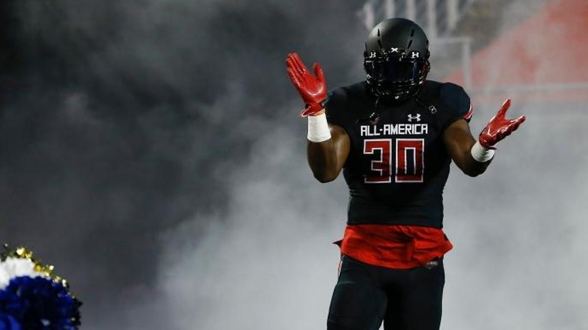 Team Highlight outside linebacker Xavier Peters during player introductions before the 2018 Under Armour All-America High School Football Game on Jan. 4, 2018, at Camping World Stadium in Orlando, Fla.