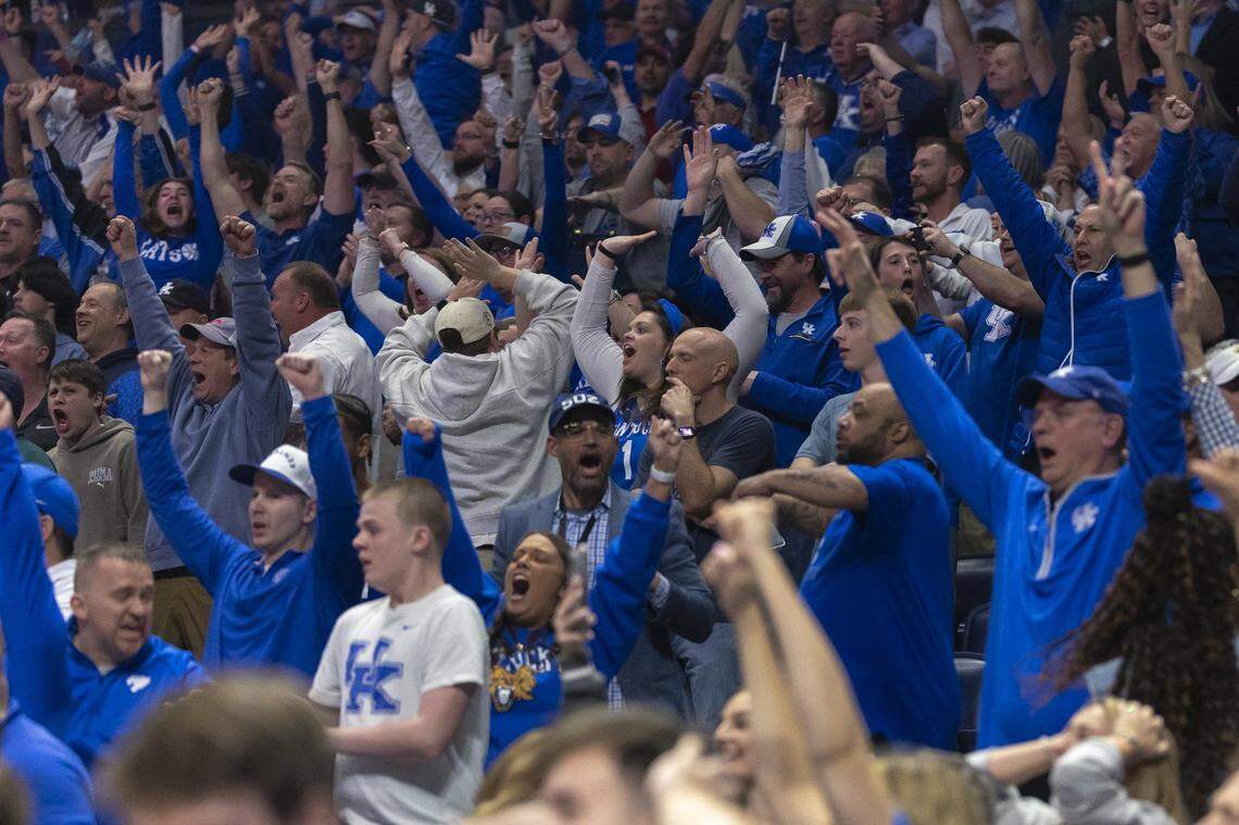 Kentucky fans cheer after Kentucky Wildcats guard Otega Oweh (00) scored the game-winning basket during a game against the Oklahoma Sooners at Bridgestone Arena in Nashville, Tenn., on March 13.