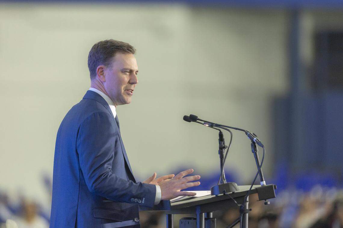 Will Stein speaks after he was introduced as the new University of Kentucky head football coach during a media conference at the Nutter Field House on Wednesday.