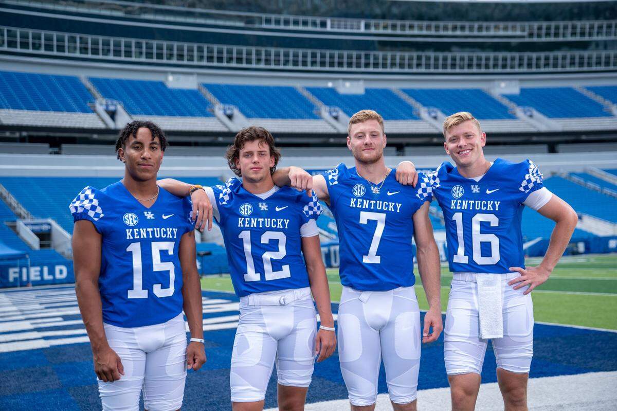 Destin Wade (15), Kaiya Sheron (12), and Deuce Hogan (16) are competing to back up Will Levis (7) at quarterback for Kentucky.