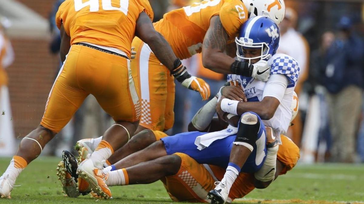 Kentucky quarterback Stephen Johnson was sacked during the fourth quarter against Tennessee last Saturday. A lingering knee injury suffered during that game prevented Johnson from starting against Austin Peay.