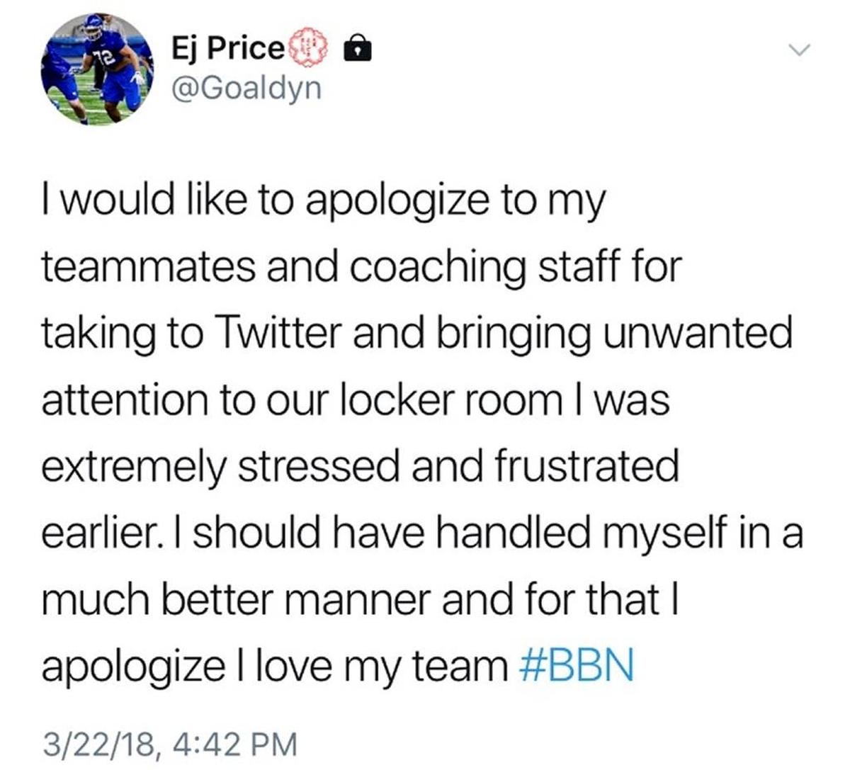 Kentucky offensive lineman E.J. Price apologized to his coaches and teammates via Twitter on Thursday night for a social media outburst earlier in the day. This is a screen grab of that tweet.