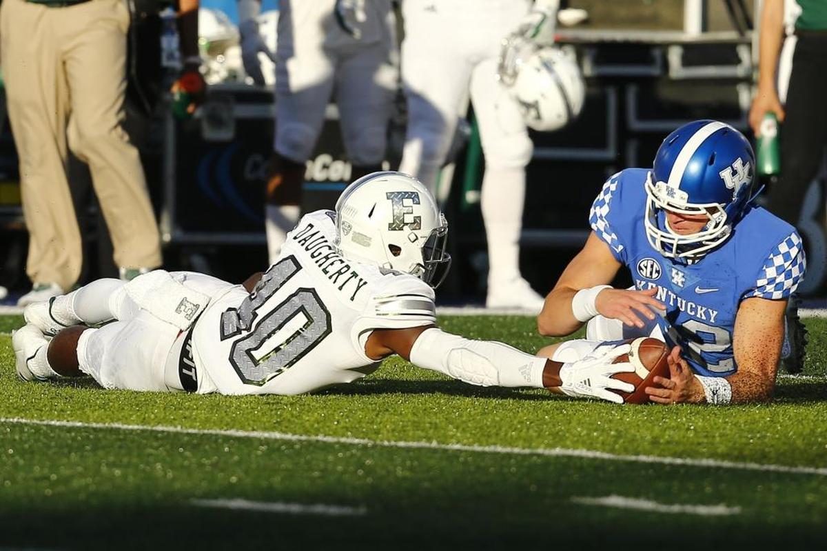When Eddie Daugherty, left, and Eastern Michigan played Kentucky at Kroger Field in 2017, they gave the Wildcats a tussle before falling 24-20..