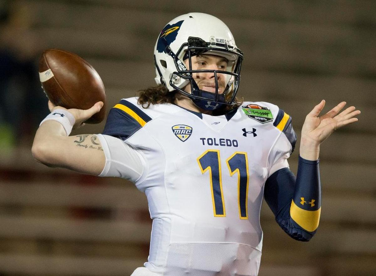 Franklin County High School graduate Logan Woodside led the nation with 45 touchdown passes for Toledo last season.