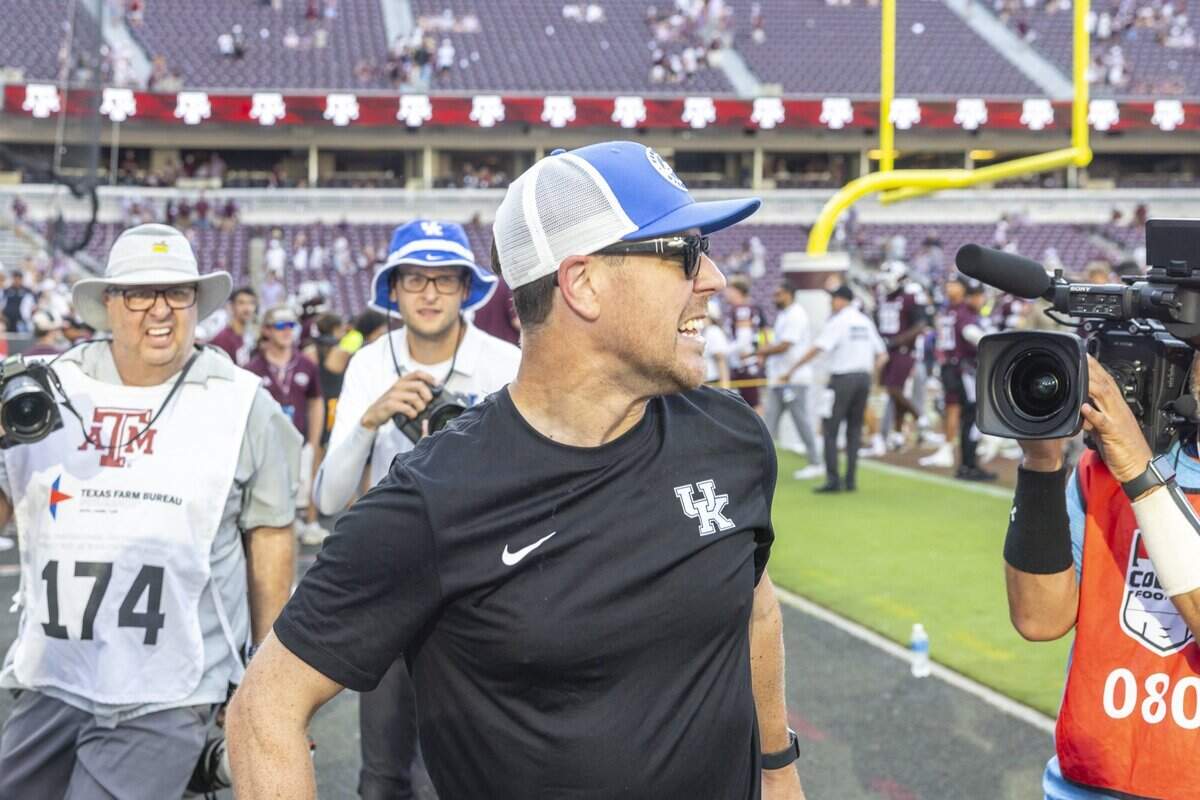 Kentucky head coach Will Stein reacts following a victory against NTo. 9 Texas A&M at Kyle Field in College Station, Texas, on Saturday.