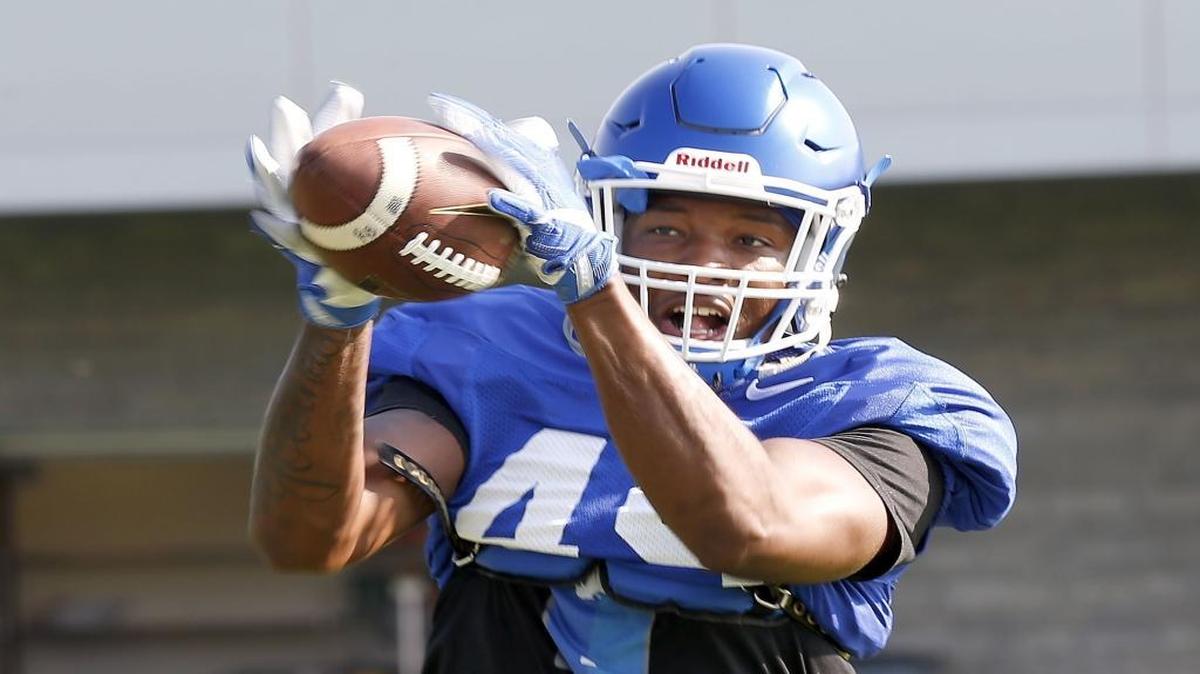Jaylin Bannerman, who caught a pass during practice on Aug. 22, has switched positions from outside linebacker to tight end.