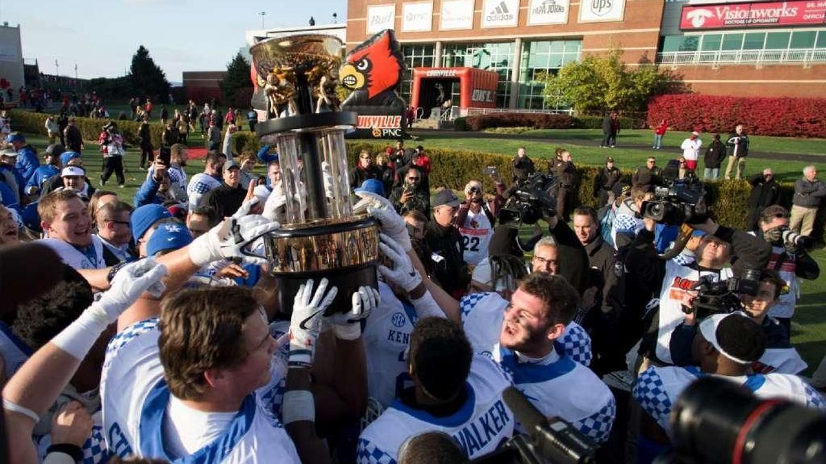 Kentucky players hoisted the Governor’s Cup after the Wildcats’ thrilling 41-38 upset at No. 11 Louisville Saturday. UK has claimed the trophy more times in Papa John’s Cardinal Stadium (five) than it has in Commonwealth Stadium (four).