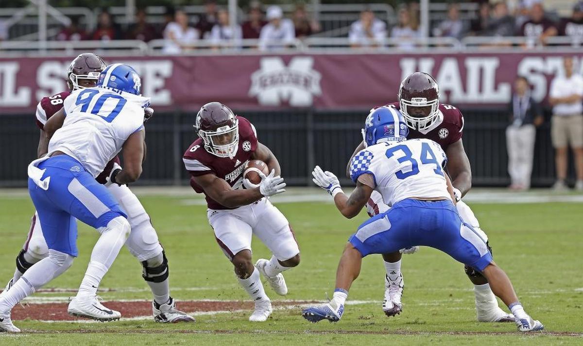 Mississippi State running back Kylin Hill (8) leads the SEC and is third in the nation in rushing with 431 yards in three games.