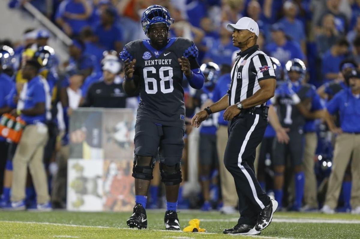 Kentucky guard Nick Haynes reacted after he was called for holding in the closing minutes against Florida at Kroger Field last season. The penalty negated a run by Benny Snell that would have put UK in range for a game-winning field goal.