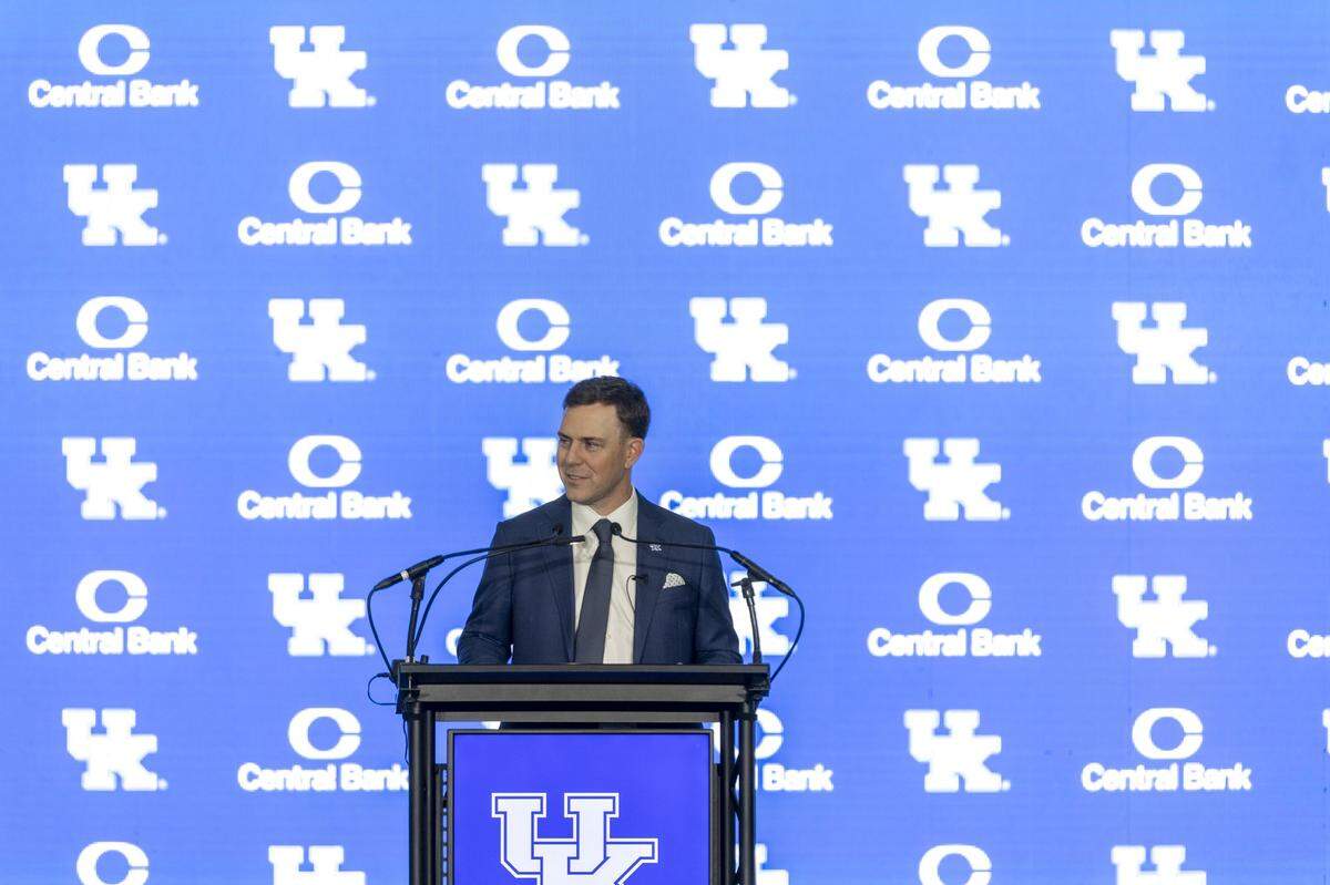 Will Stein speaks after he was introduced as the new University of Kentucky head football coach during a media conference at the Nutter Field House in Lexington, Ky., on Wednesday, Dec. 3, 2025. 