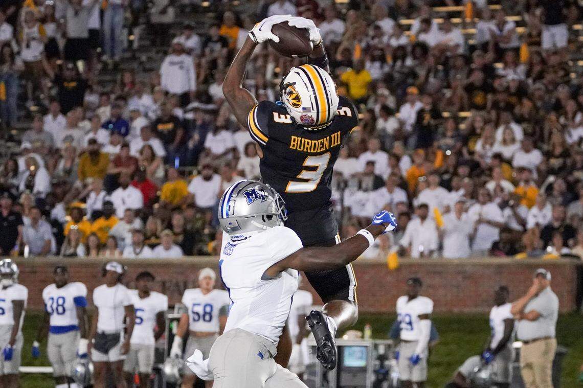 Missouri wide receiver Luther Burden leads the country with 793 receiving yards in six games.