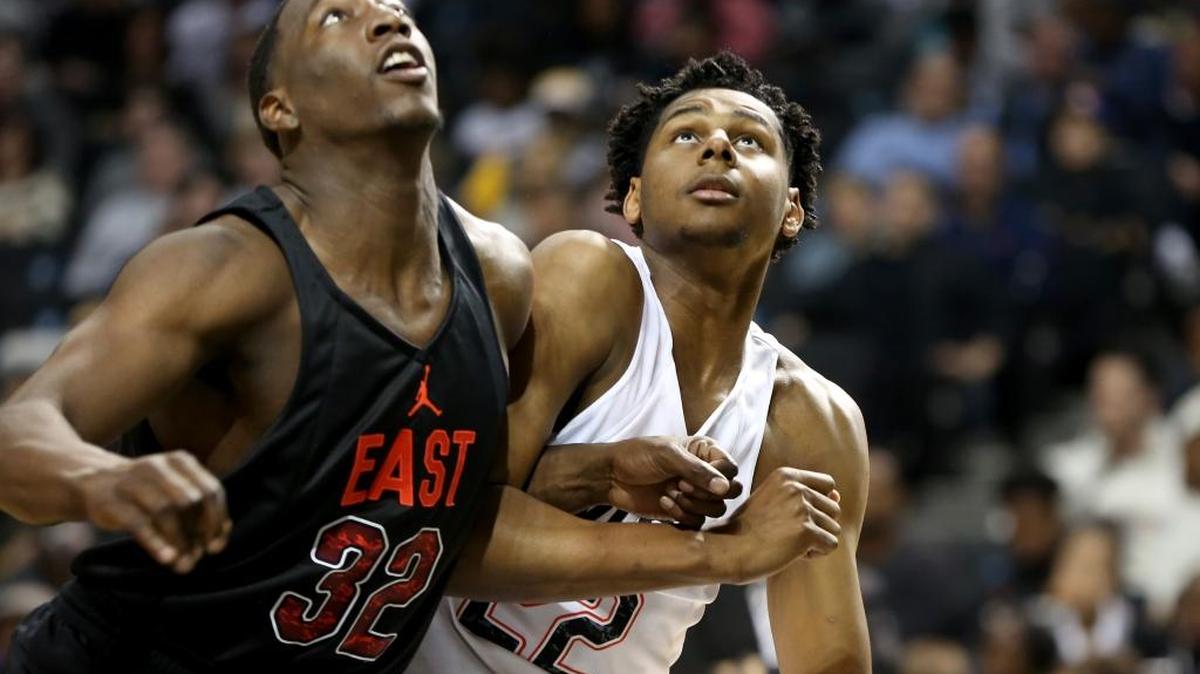Marques Bolden, right, battled UK signee Bam Adebayo for position during the Jordan Brand Classic in Brooklyn on Friday night.