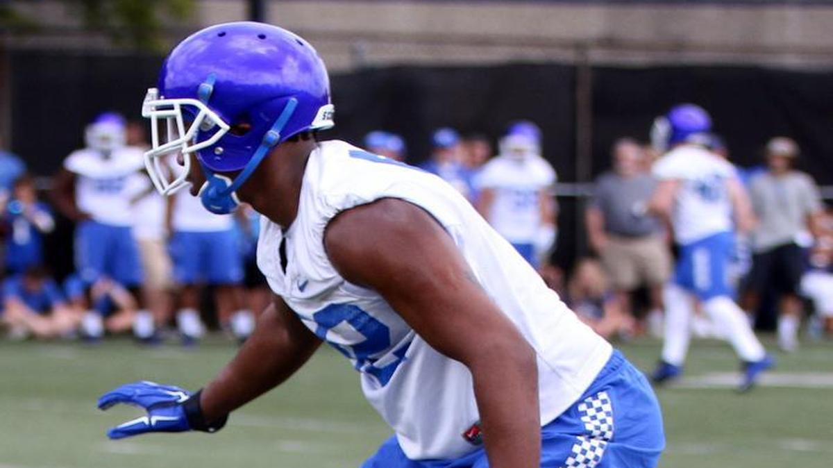 Defensive lineman, Alvonte Bell practiced drills at the Tim Couch Practice Fields on Saturday, August 8, 2015. As a part of UK Football Fan Day, practice was made available to fans and spectators.