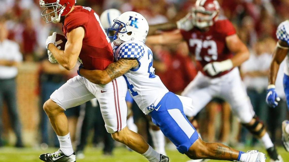 Blake McClain tried to bring down Alabama wide receiver Gehrig Dieter on Saturday. Crimson Tide players remarked after the game about the physical style of Kentucky’s team.
