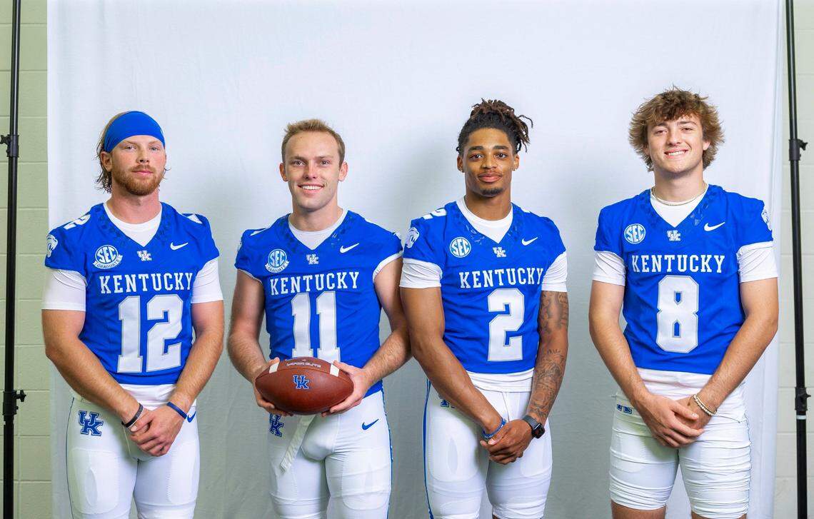 Brock Vandagriff (12), Beau Allen (11), Gavin Wimsatt (2) and Cutter Boley (8) replenished a Kentucky football quarterback room that lost all its 2023 contributors.