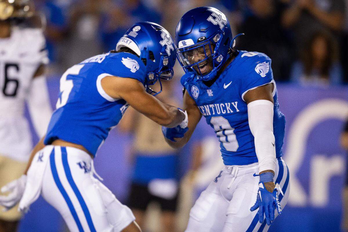 Kentucky Wildcats running back Demie Sumo-Karngbaye (0) celebrates with wide receiver Anthony Brown-Stephens (5) during the game against Akron at Kroger Field in Lexington, Ky., on Saturday, Sept. 16, 2023.