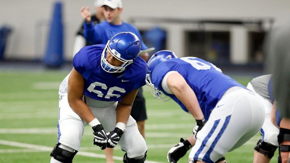 Naasir Watkins (66) is one of two players vying for the starting left tackle spot after starter Landon Young was sidelined with a knee injury last week. Watkins likely will split time at the spot with transfer E.J. Price.