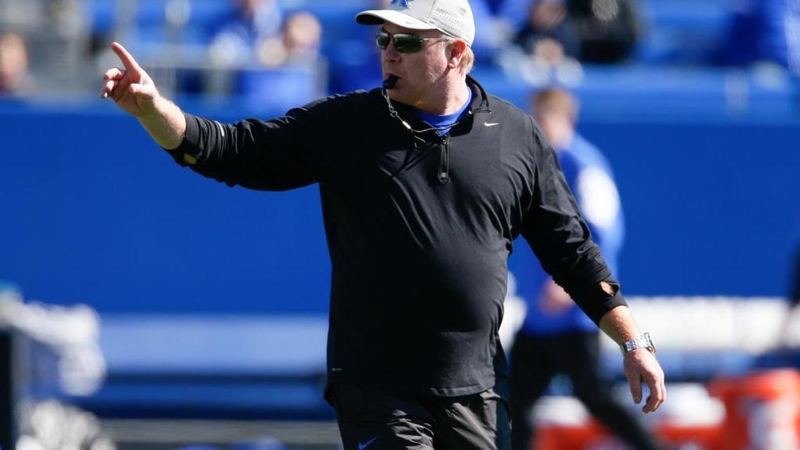 Kentucky Coach Mark Stoops led his team during spring football practice on March 26. Stoops enters his fourth season at UK with a 12-24 record overall, 4-20 in the SEC.