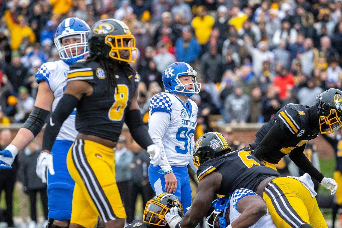 Kentucky kicker Matt Ruffolo (96) reacts after missing a field goal against Missouri during Saturday’s game at Memorial Stadium in Columbia, Mo.