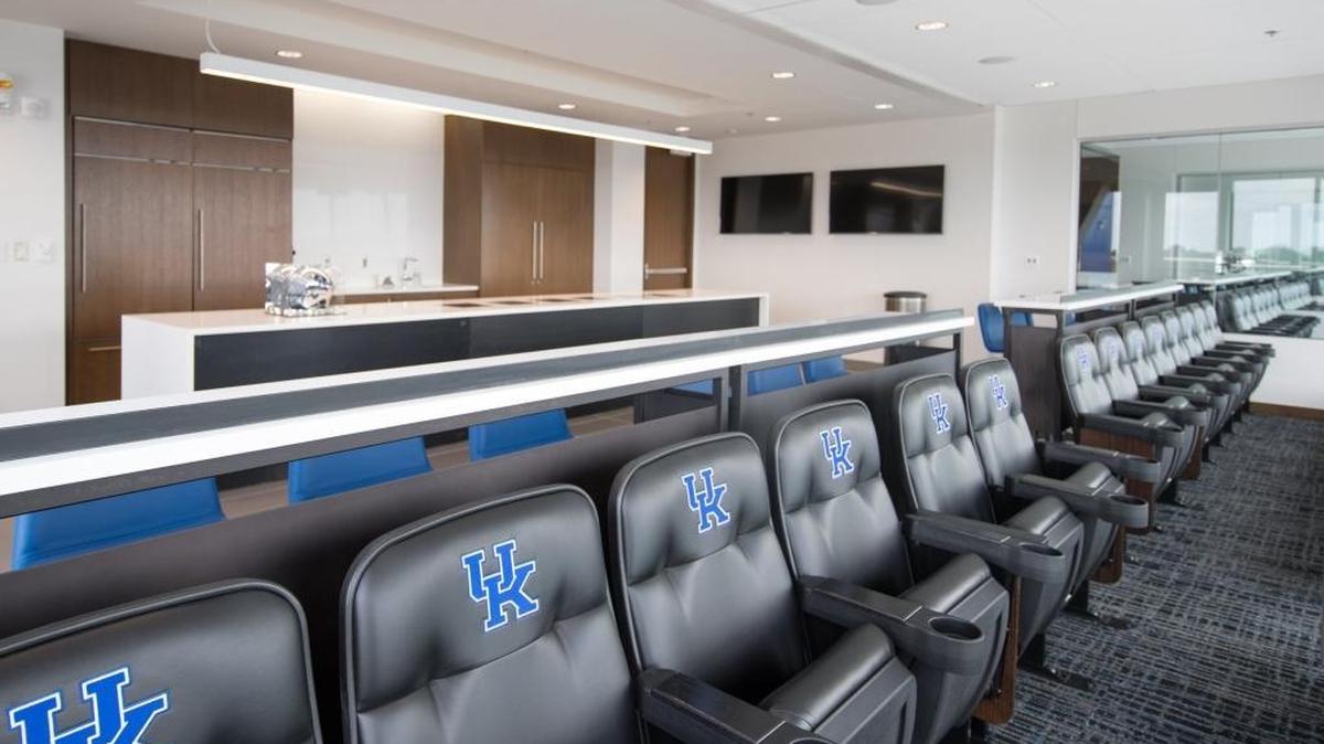 Each new suite at Commonwealth Stadium contains at least 16 plush “UK” chairs for viewing the game. The windows for the suites also open to let in the sounds of the stadium.