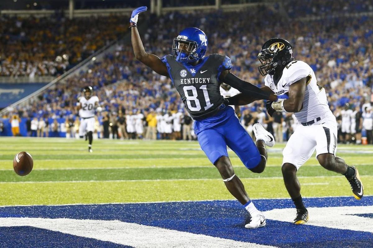 Kentucky wide receiver Isaiah Epps (81) missed a pass in the end zone under pressure from Missouri’s Logan Cheadle (28) during their game at Kroger Field last season. Epps is trying to make a bigger impact this season than his four catches for 55 yards during his first season.