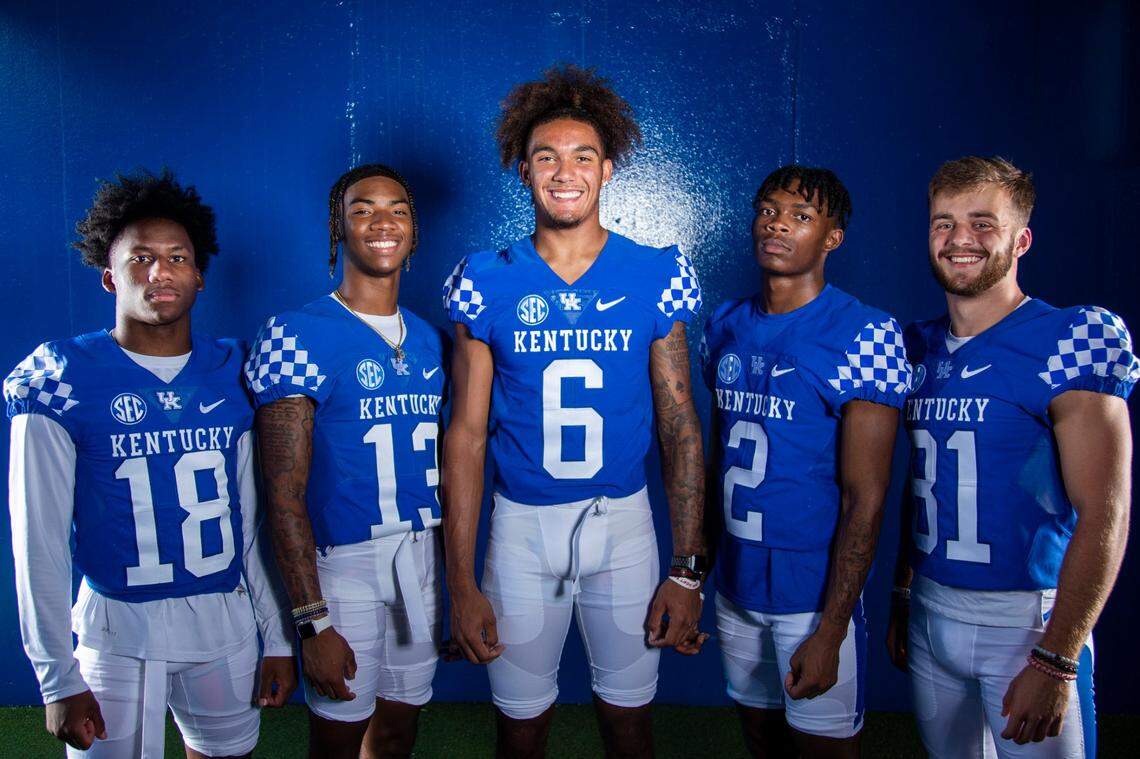 Kentucky freshman wide receivers (from left to right) Brandon White (18), Jordan Anthony (13), Dane Key (6), Barion Brown (2) and Cole Lanter (81) pose for a portrait during Media Day. Several from this group could find their way onto the field in 2022.