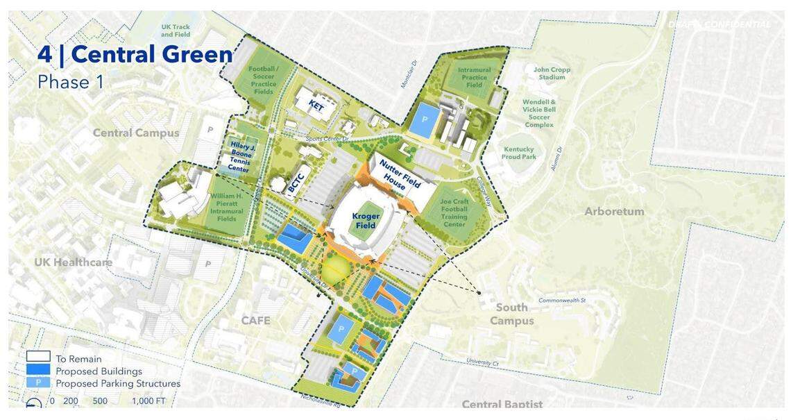 The Central Green proposal for the Kroger Field fan entertainment district centers around a large green space that could be used for tailgating on game days.