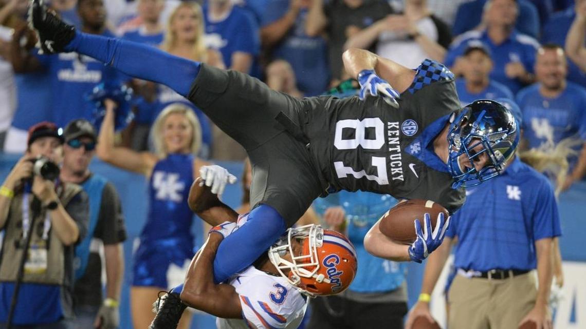 UK tight end C.J. Conrad hauled in a pass during the first quarter of the UK-Florida football game at Kroger Field on Saturday September 23, 2017. This was the last game the junior recorded a touchdown.