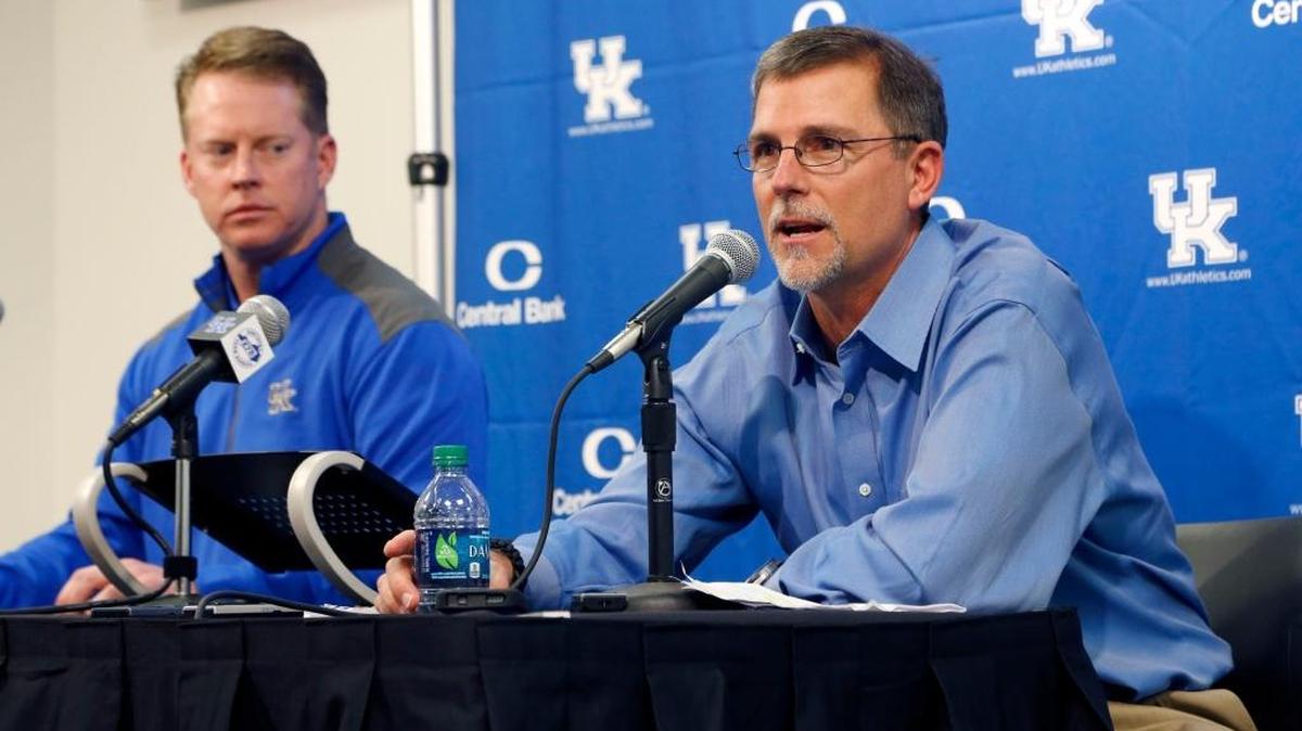 Newly named offensive coaches Darin Henshaw, left, and Eddie Gran, right, spoke during an afternoon news conference held in the media room at Commonwealth Stadium in Lexington, Ky., Monday, January 4, 2016. Head Coach Mark Stoops introduced new offensive coaches.