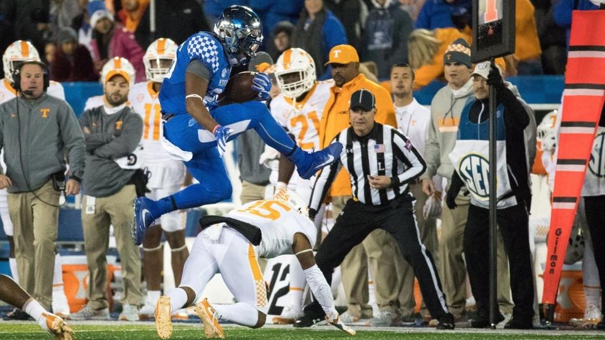 Kentucky running back Benny Snell leaped for extra yardage as the Wildcats hosted Tennessee at Kroger Field on Saturday night.