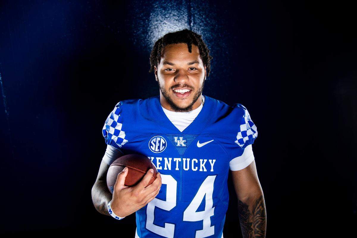 Kentucky senior running back Chris Rodriguez posed for a portrait during UK football Media Day at Kroger Field on Wednesday but was not made available for interviews.