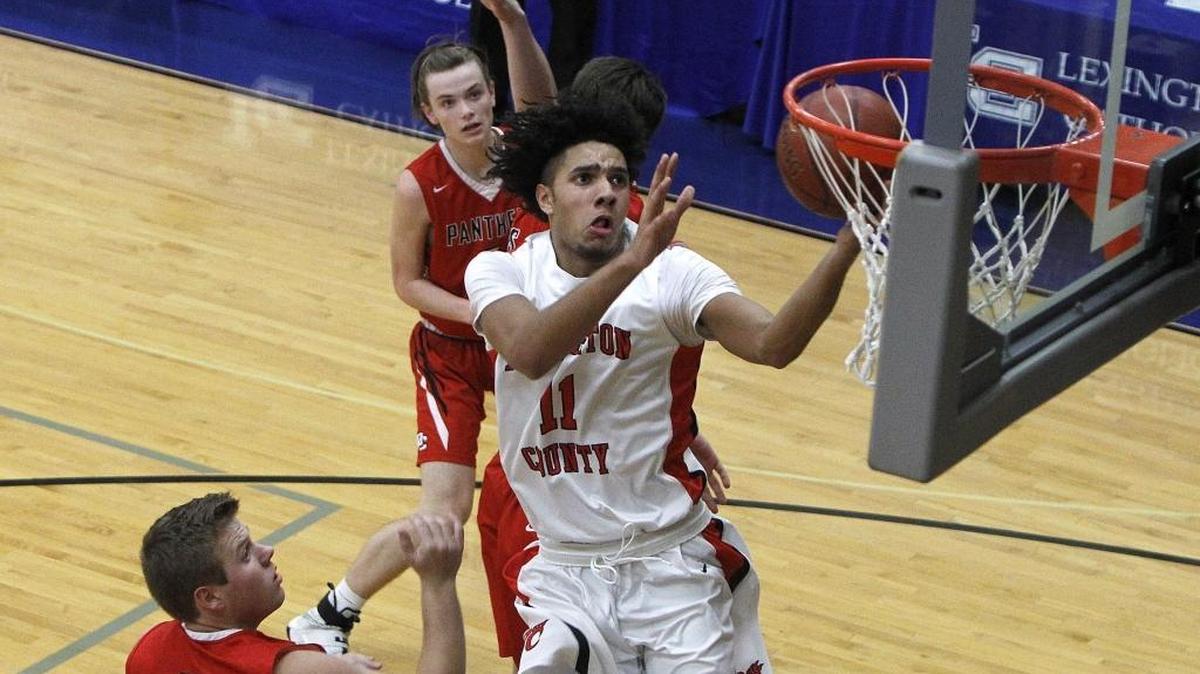 Pendleton County's Dontaie Allen makes this shot for his 2,000 career high school point against Daviess Co. during the Republic Bank Holiday Classic in the Bueter Gymnasium at Lexington Catholic in Lexington, Ky., Wednesday, December 27, 2017.