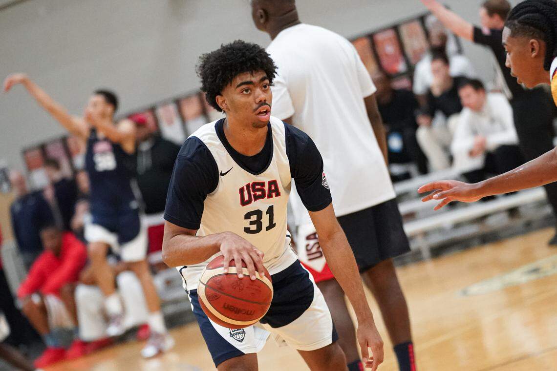 Reese Alston, a guard from Houston in the high school class of 2027, surveys the court at a USA Basketball Junior National Team Minicamp on April 3, 2026, in Westfield, Indiana.