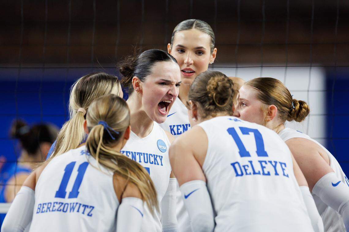 The Kentucky volleyball team celebrates during its 3-1 win over UCLA in the second round of the NCAA Tournament on Friday at Memorial Coliseum.