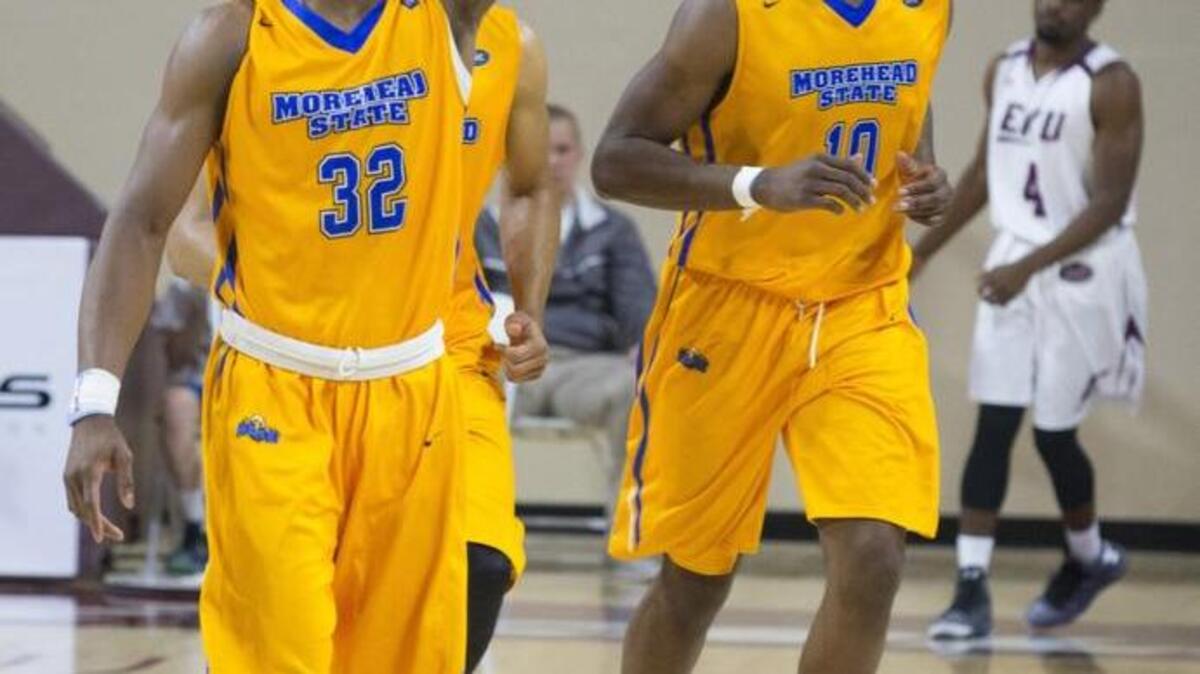 Morehead State’s Ja’mill Powell signaled to the Eagles’ fans on Saturday after their defeat of Eastern Kentucky 70-67 in Richmond.