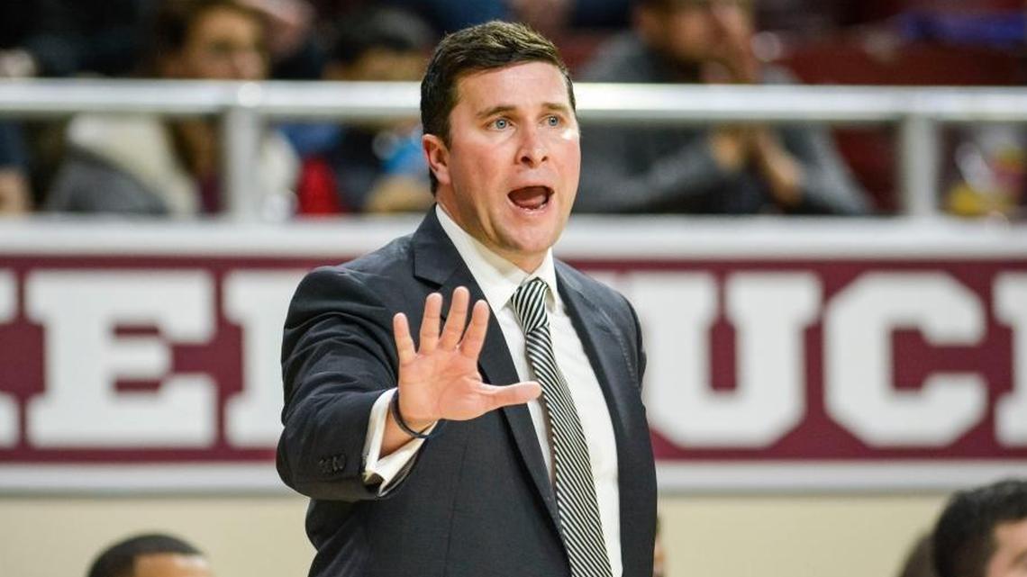 Eastern Head Coach Dan McHale gave his team instructions during the first half against Morehead State on Feb. 11, 2017, at EKU's McBrayer Arena in Richmond. McHale has been let go by EKU after his team failed to make the OVC Tournament for the third year in a row.