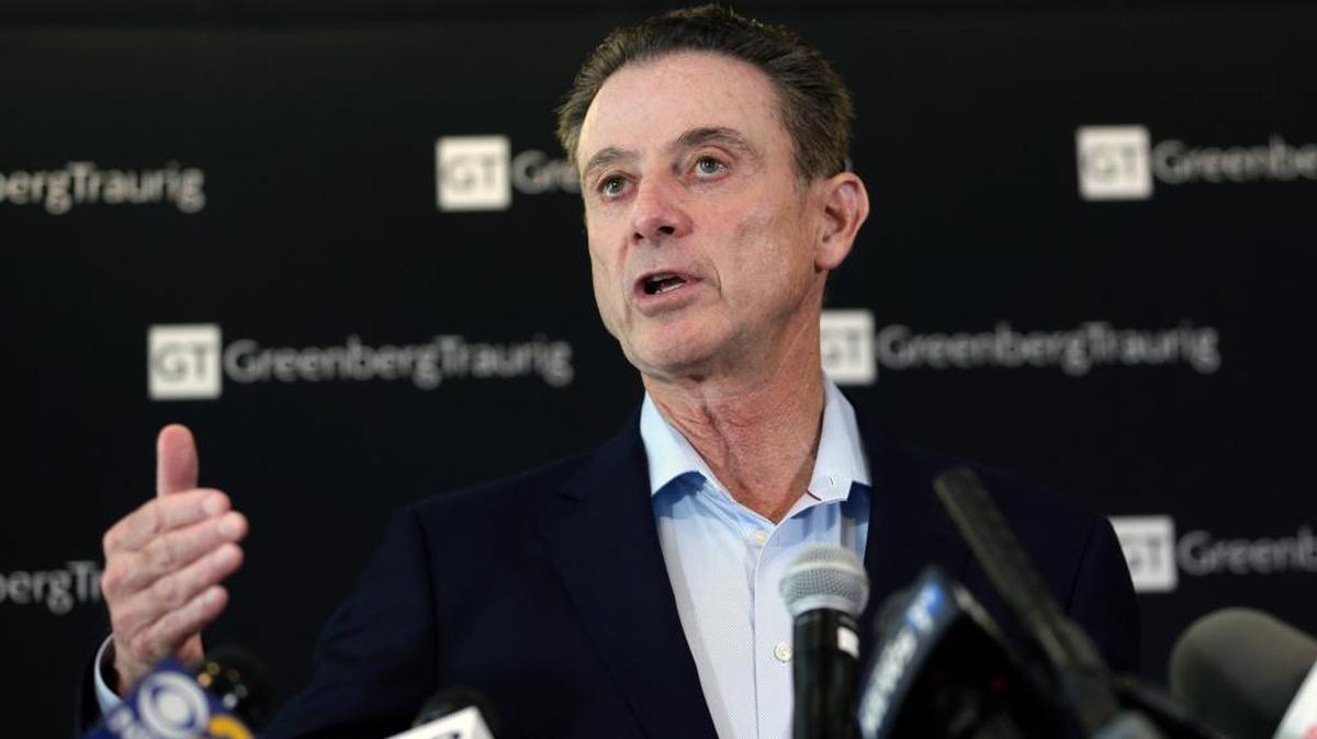 Former Louisville basketball coach Rick Pitino talked to reporters during a news conference in New York, Wednesday, Feb. 21, 2018. Pitino helds the news conference in the wake of an NCAA decision in a sex scandal case that strips the Cardinals program of 123 victories.