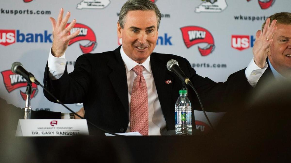 Rick Stansbury speaks at a news conference where he was announced as the new men's NCAA college basketball coach at Western Kentucky on Monday, March 28, 2016, in Bowling Green.