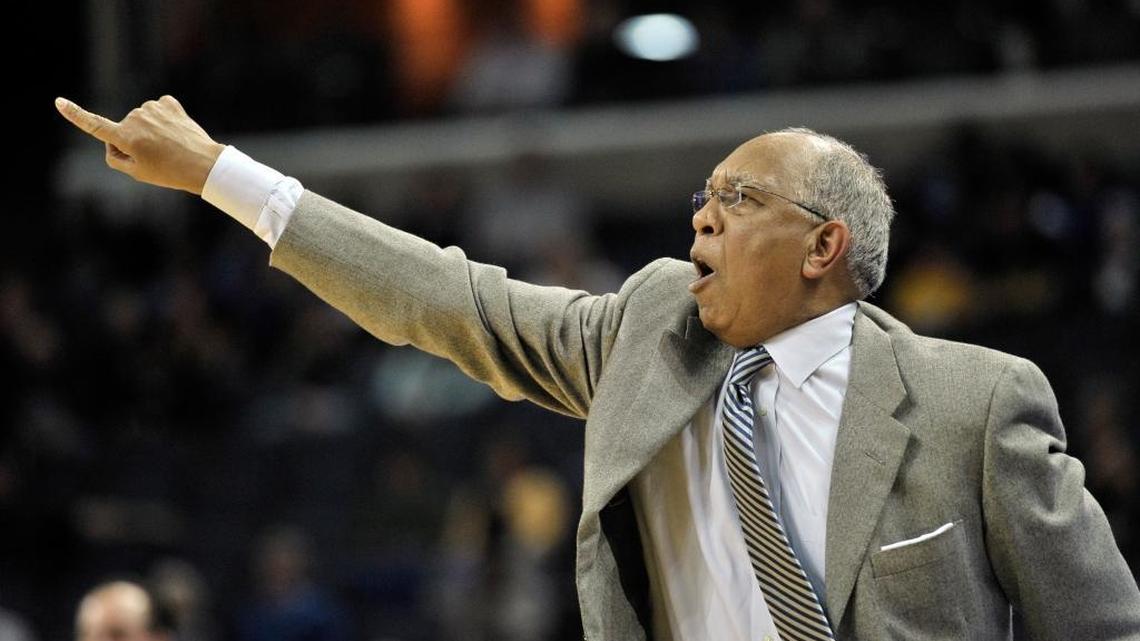 Memphis head coach Tubby Smith reacts in the first half of an NCAA college basketball game against Wichita State on Tuesday, Feb. 6, 2018, in Memphis, Tenn.