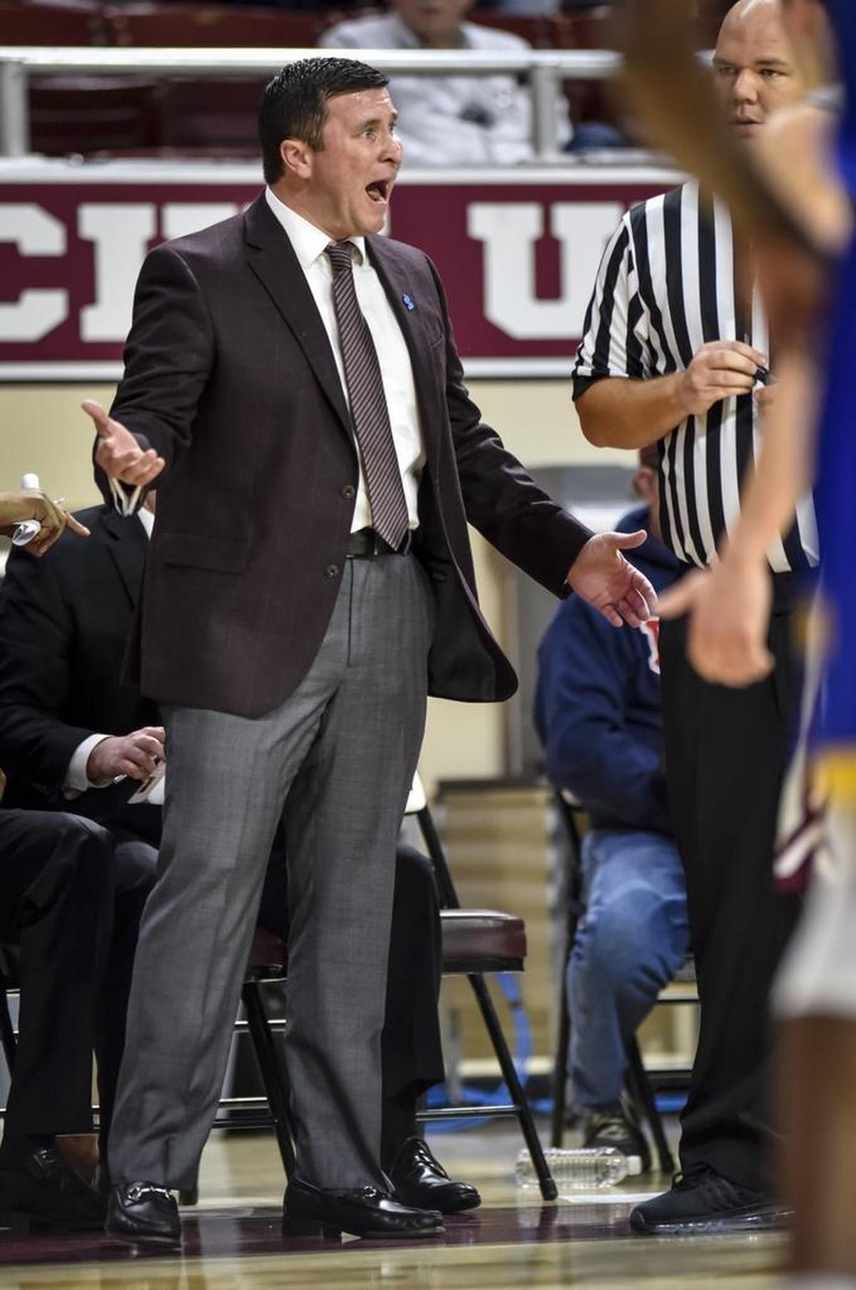 Eastern Kentucky head coach Dan McHale argued his case with an official against Morehead State at EKU’s McBrayer Arena in Richmond on Saturday.
