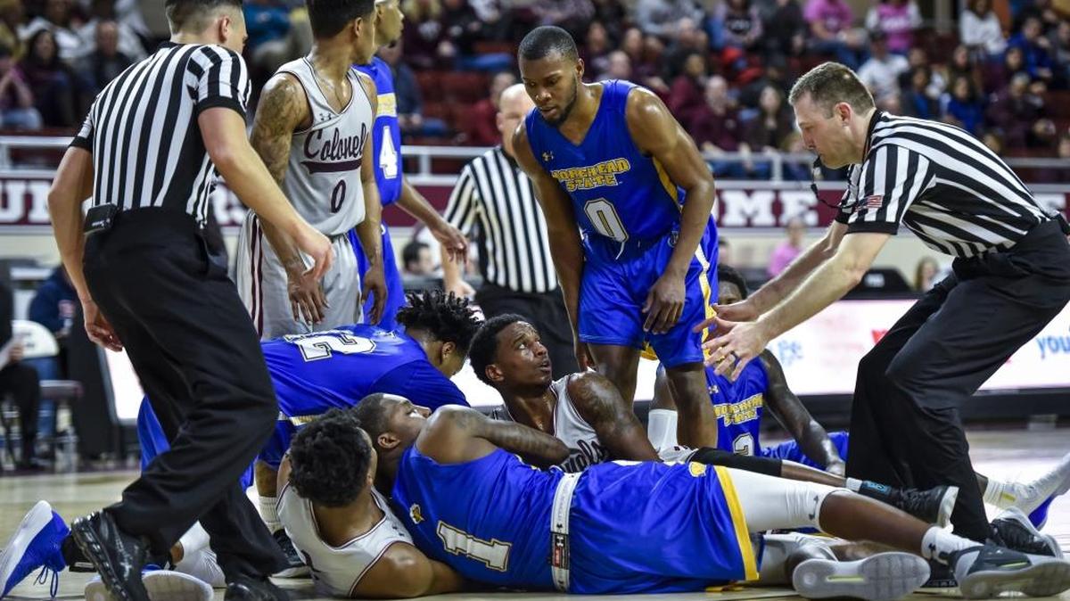 Several Morehead State and Eastern Kentucky players were involved in a jump ball situation on the floor during Saturday’s EKU victory in Richmond. Morehead State and Eastern Kentucky are the bottom two teams in the Ohio Valley Conference standings.