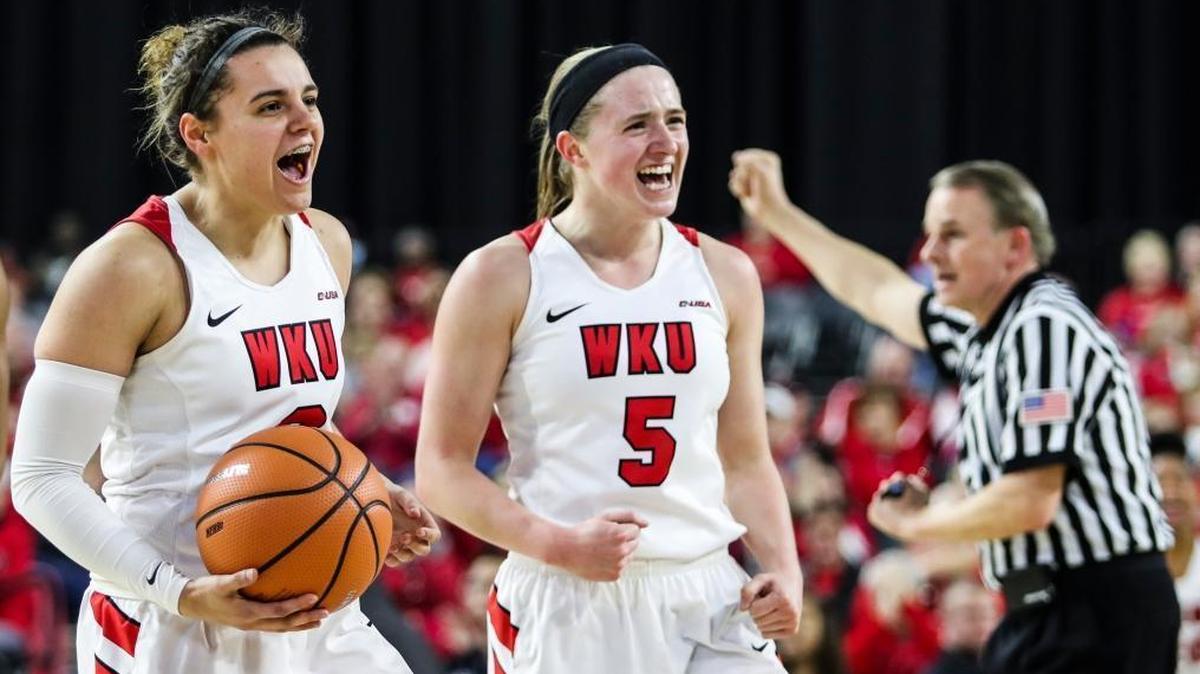Western Kentucky guards Sidnee Bopp (3) and Whitney Creech (5) cheered after a teammate made a basket during a Conference USA Tournament game against UTSA on March 8 in Frisco, Texas.