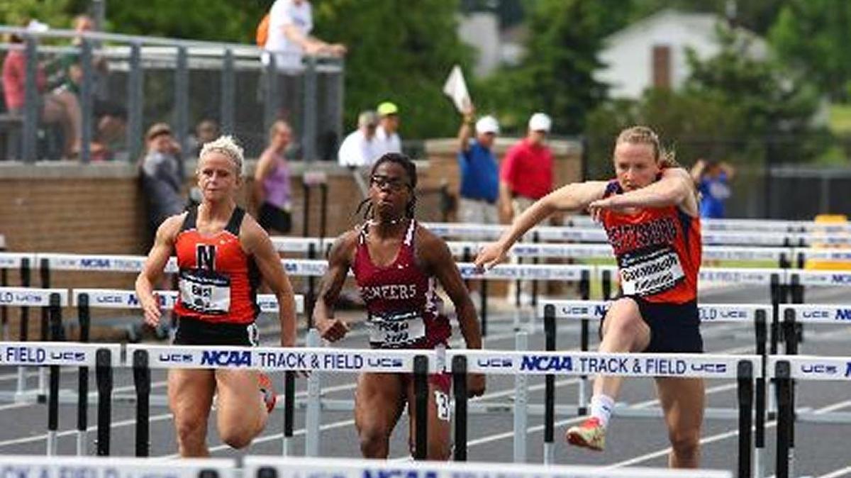 Transylvania’s Jordin Fender, center, finished fourth the in 100 hurdles at the NCAA Division III Track and Field Championships.