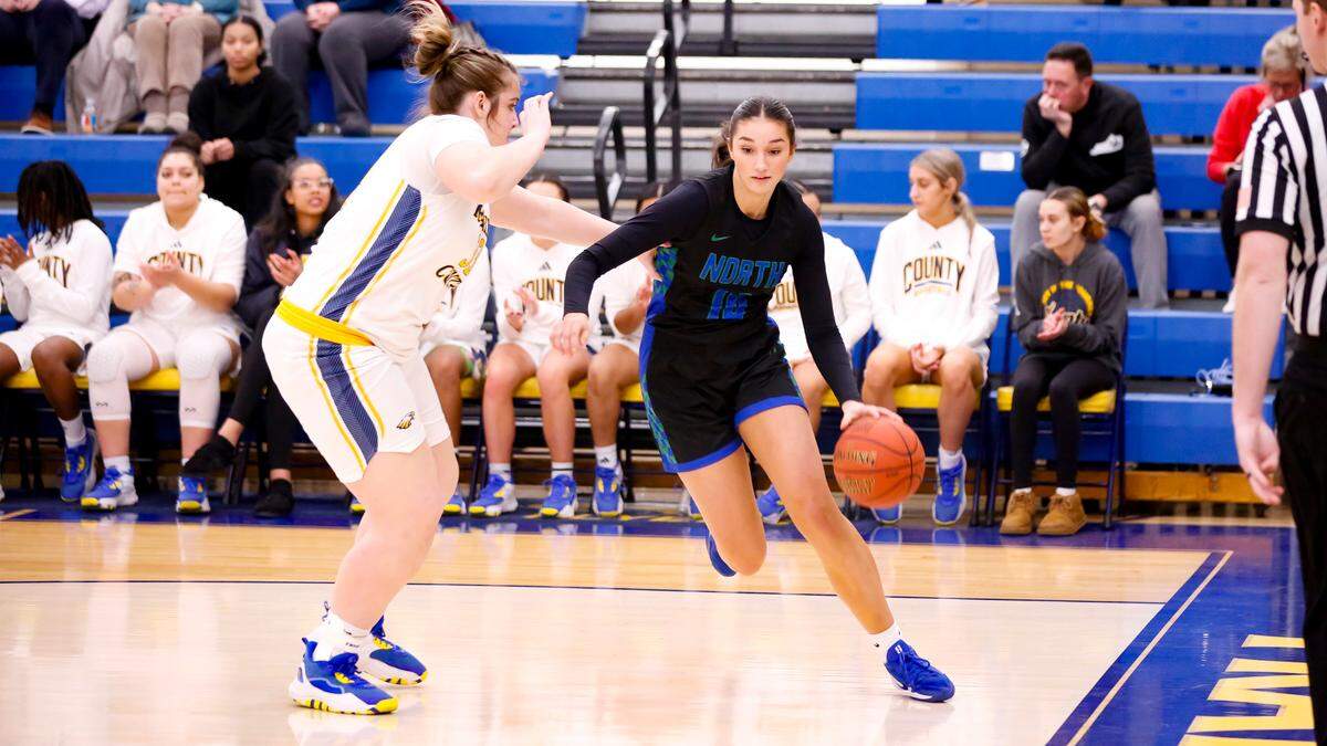 North Laurel’s Mariella Claybrook (10) drives the baseline against Franklin County’s Julian Frazee during the Jaguars’ 63-57 win at Franklin County High School in Frankfort on Monday.