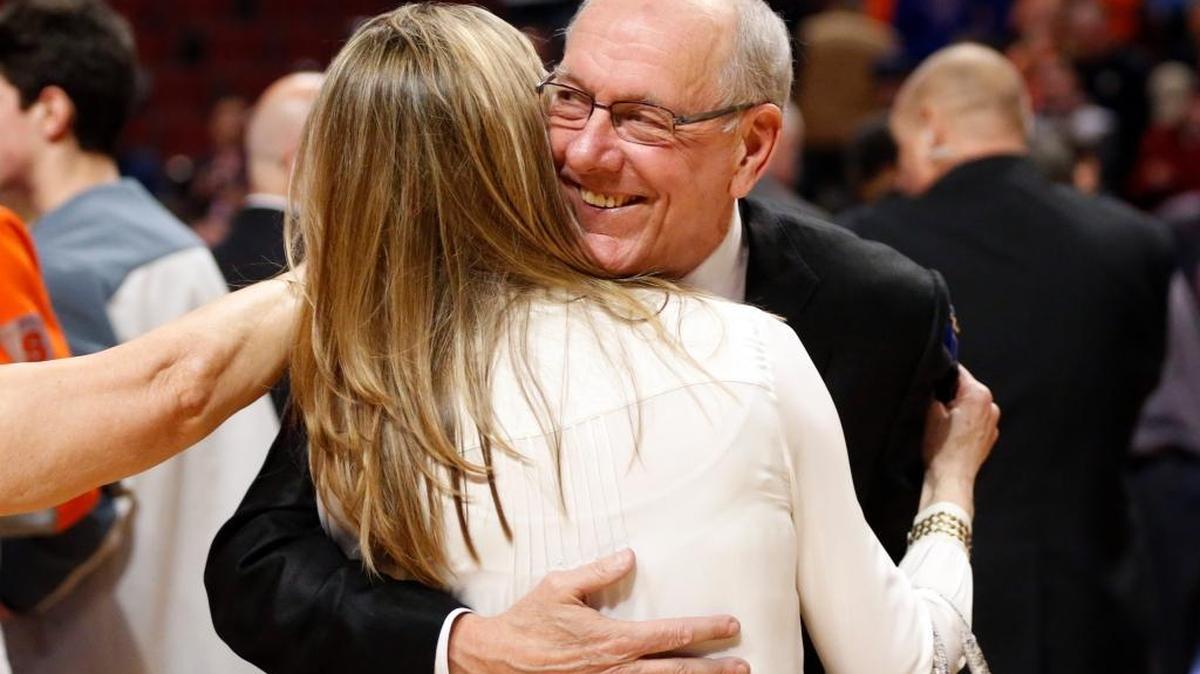 Syracuse Coach Jim Boeheim hugged his wife, Juli, after Syracuse beat Virginia to advance to the Final Four.