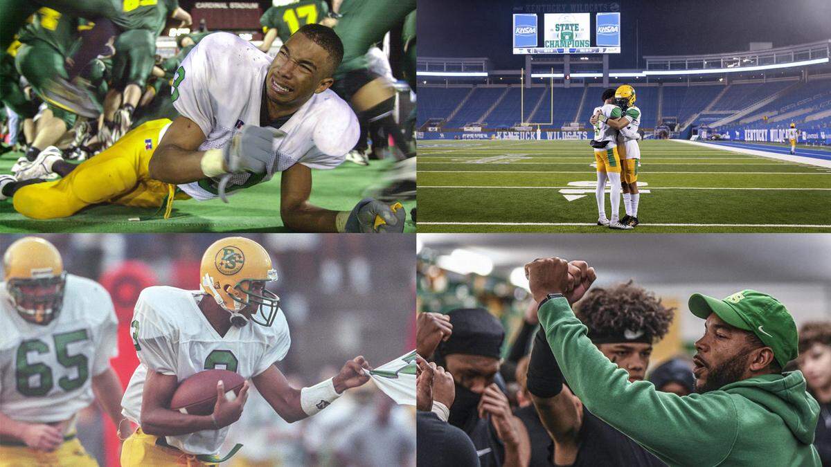 Bryan Station High School’s new head football coach, J.T. Haskins Sr., has been part of the Defenders’ program for much of his life. Herald-Leader photographers captured the heartbreak of state title game losses that both he, top left, and his sons, top right, endured. Haskins played for Bryan Station in the late 1990s. He’s been an assistant coach since 2016.