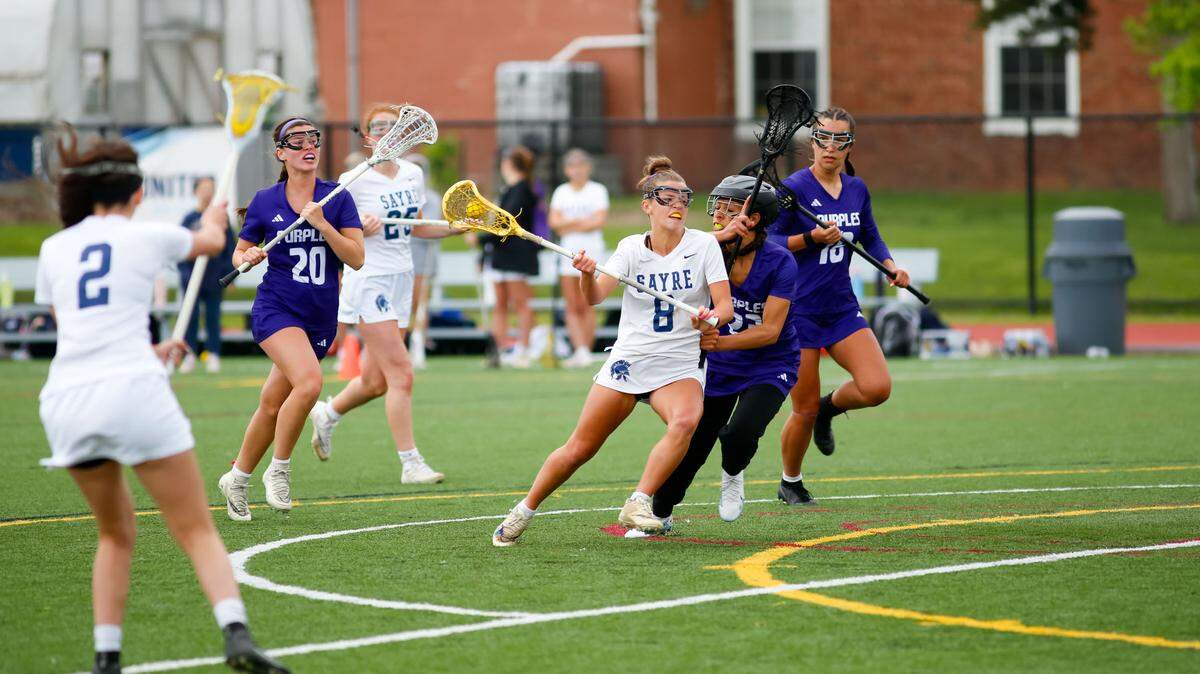 Sayre’s Anna Mullikin (8) maneuvers toward the goal through the Bowling Green defense during the 2024 Commonwealth Lacrosse League Girls State Championship at Transylvania’s Pat Deacon Stadium on Saturday.
